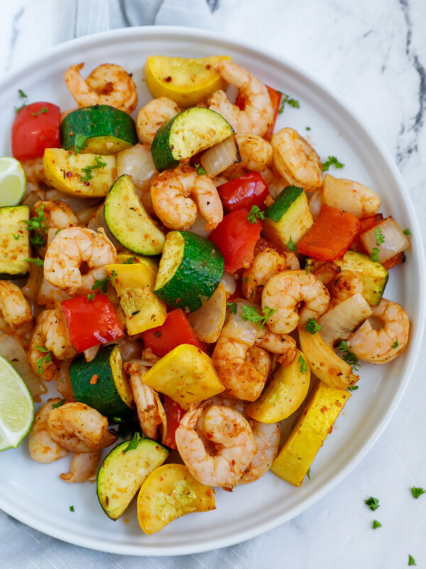 overhead shot of the shrimp and vegetables in a white plate