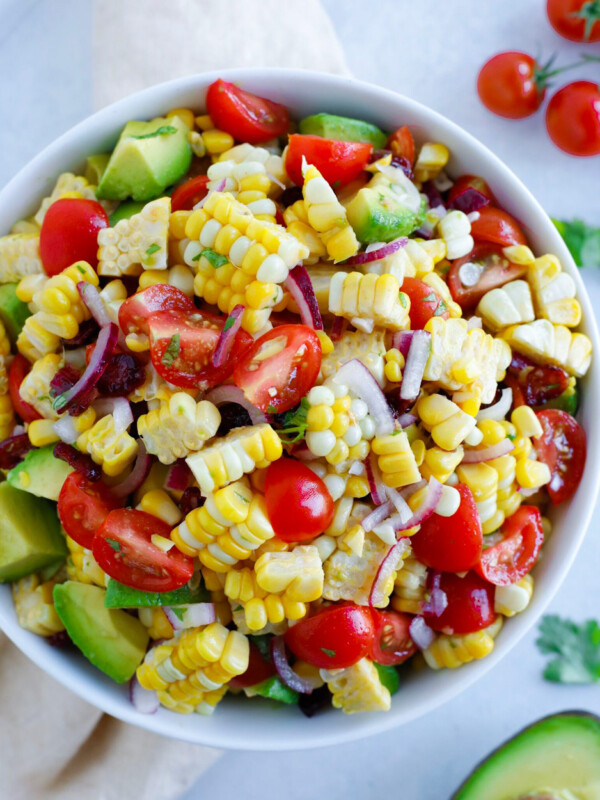 Super simple corn salad recipe with added avocados