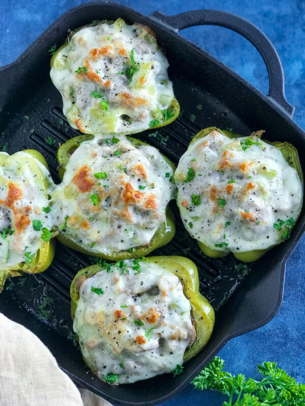 Philly Cheesesteak Stuffed Peppers in a pan