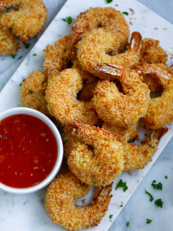 Baked coconut shrimp served with a red sauce