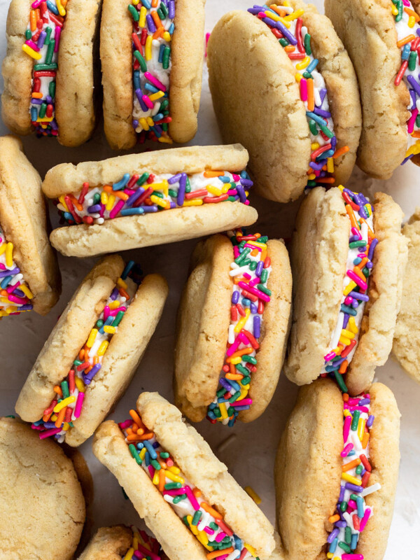 Funfetti cookies displayed next to each other after they are assembled