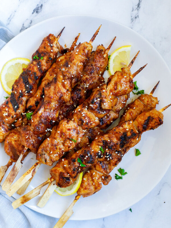 Korean BBQ Chicken Skewers on a plate