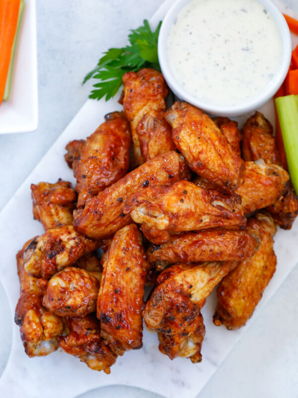 top donw shot of Air Fryer Chicken Wings with a dip.