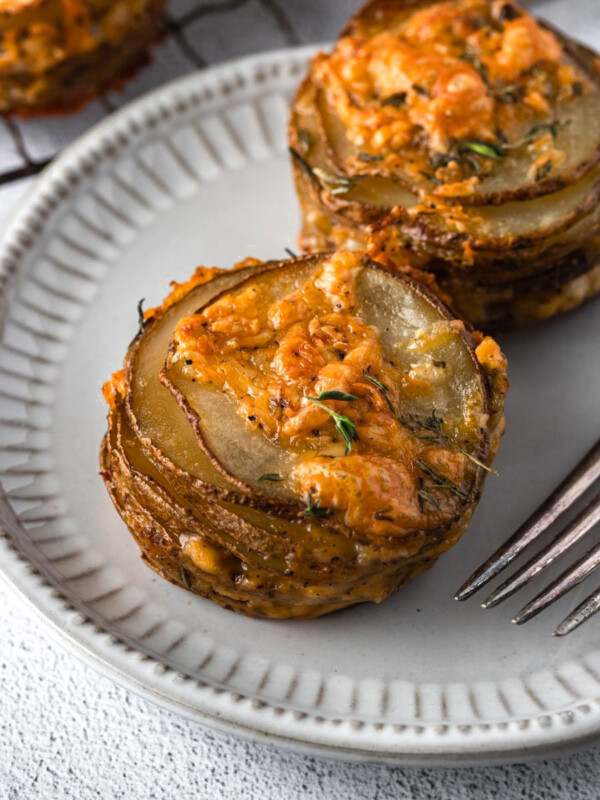 cheese potato stacks on a plate