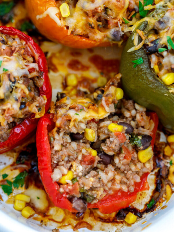 close up of Healthy Stuffed Peppers in a dish.