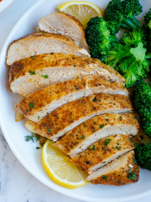 Sliced chicken breast on a plate.