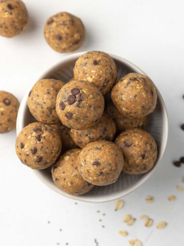 top down shot of no bake energy balls in a bowl