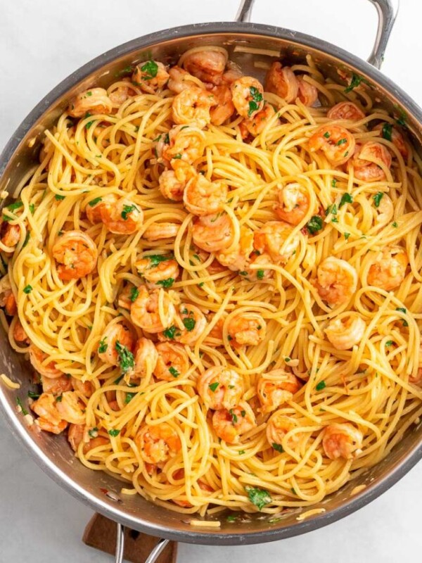 top down shot of shrimp spaghetti in a skillet