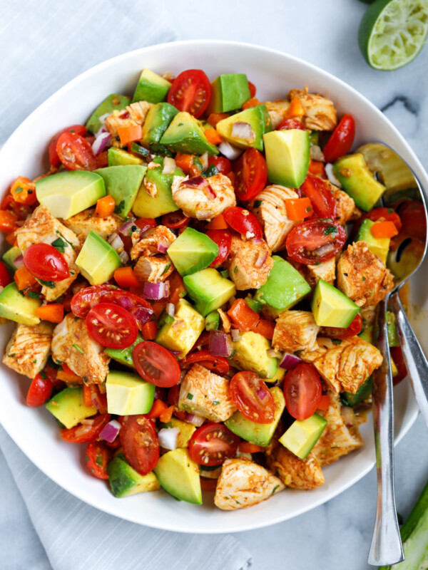 Overhead view of a bowl of avocado chicken salad.