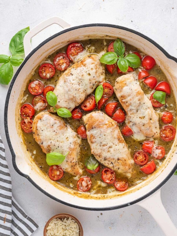 top down shot of the cheesy chicken Margherita skillet