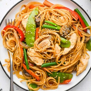 chicken lo mein on a plate i with a fork