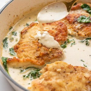 creamy florentine sauce being drizzles onto the chicken