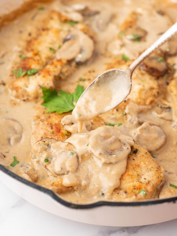 spoon applying stroganoff sauce to a piece of chicken