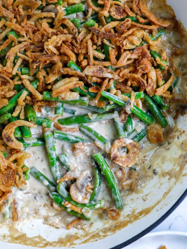green bean casserole with a portion removed