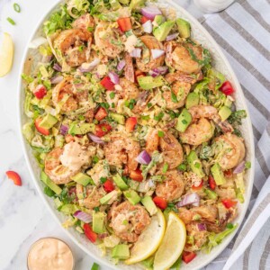 A platter of an easy shrimp salad recipe ready to serve.