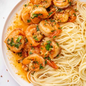 Closeup of spicy shrimp and pasta.