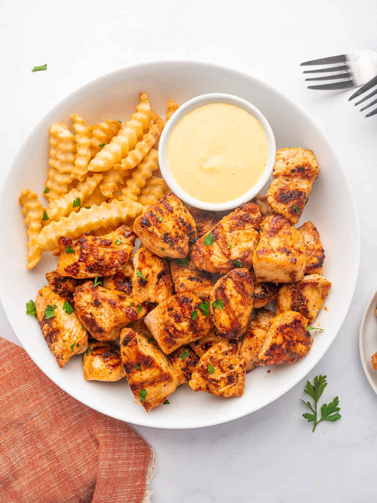 A platter of grilled chicken with fries and dip.