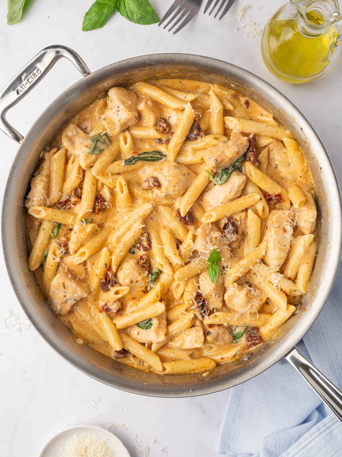 Marry me chicken pasta in a skillet.