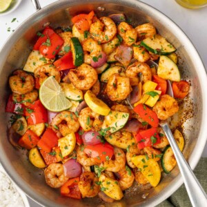 Low-carb shrimp and vegetable skillet meal after cooking.