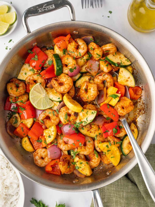 Low-carb shrimp and vegetable skillet meal after cooking.