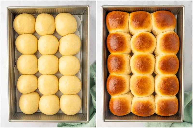 Top down shot of hawaiian sweet rolls before and after baking.