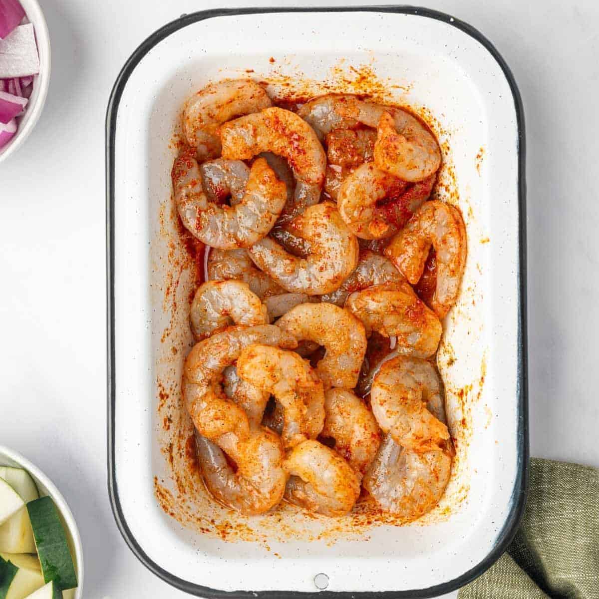 Marinated Shrimp in a pan.