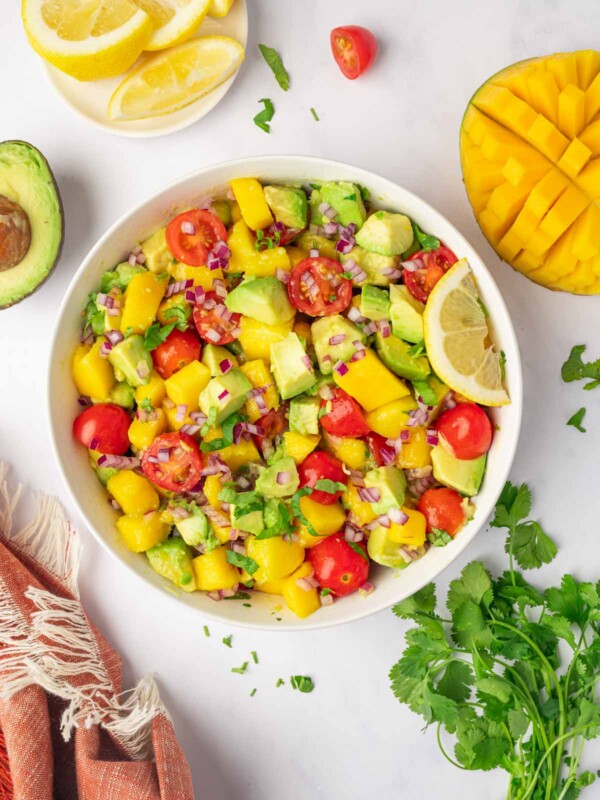 Top down shot of avocado mango salad.